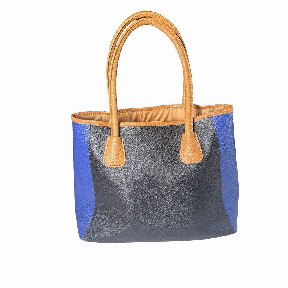 Neiman Marcus Tote Bag Colorblock Pebbled Faux Leather Black, Royal Blue, Tan